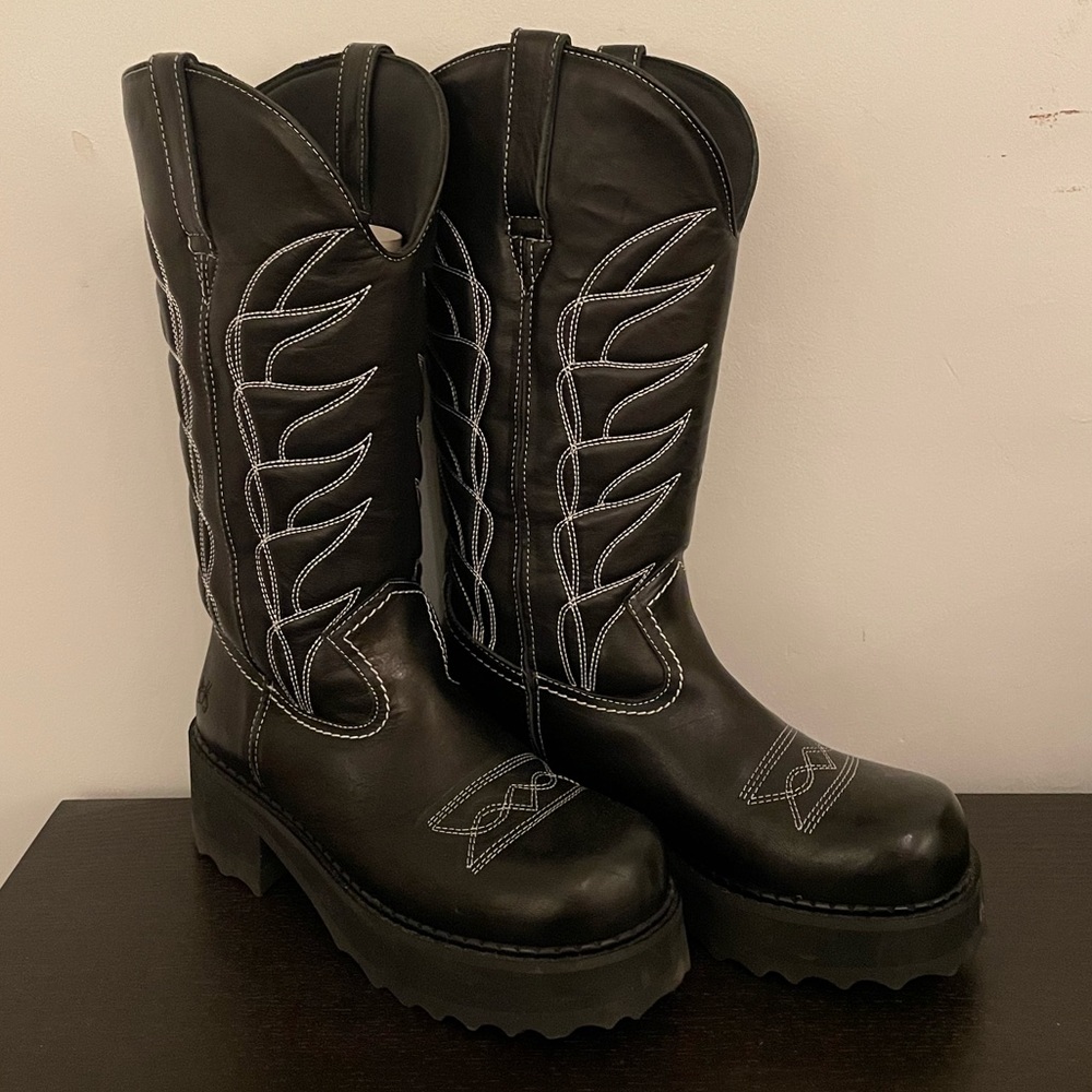 Black Fluevog “Cowboy High” boots, size 9